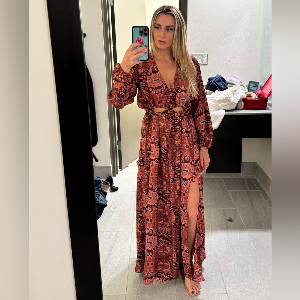 MISA Los Angeles Red Patterned Maxi Dress